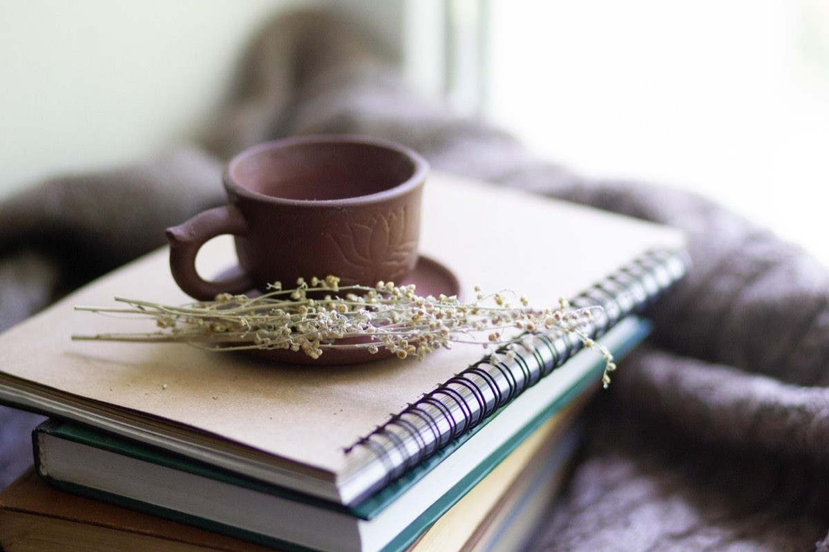 A clay cup and a spray of dried flowers resting on a stack of notebooks, on a knitted blanket by a window.