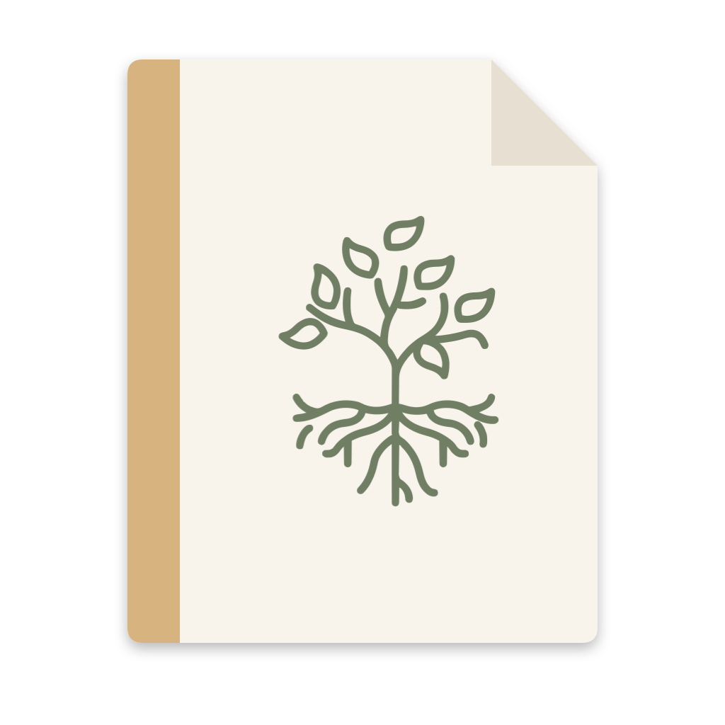The icon for a .nestbound file: a cream sheet of paper with one corner turned down, a tan binding strip down the left edge, and the same green family tree on the front.
